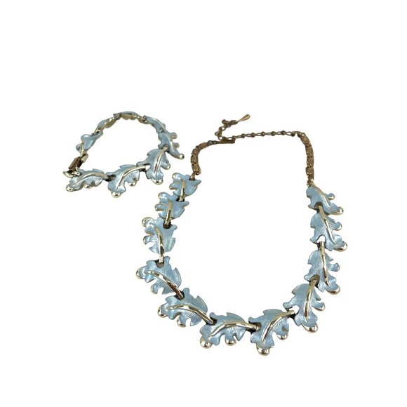 Retro Blue Leaf Enamel Necklace and Bracelet Set Parure 1950s - Picture 2 of 9